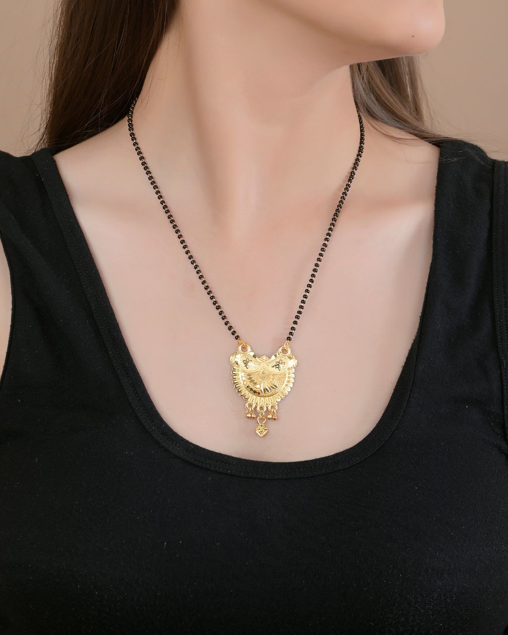 Traditional Gold-Plated Temple Pendant Mangalsutra with Black Bead Chain