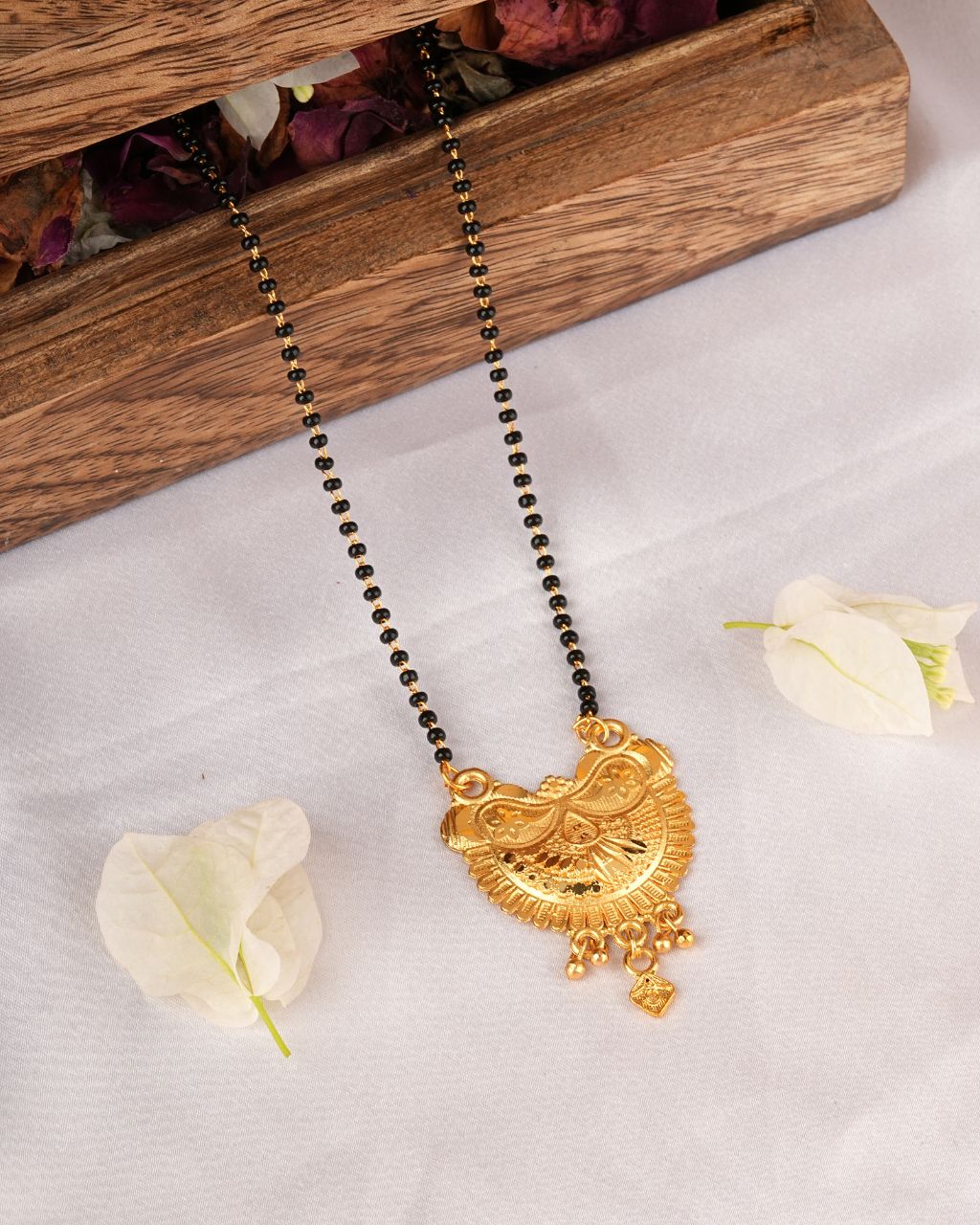 Traditional Gold-Plated Temple Pendant Mangalsutra with Black Bead Chain