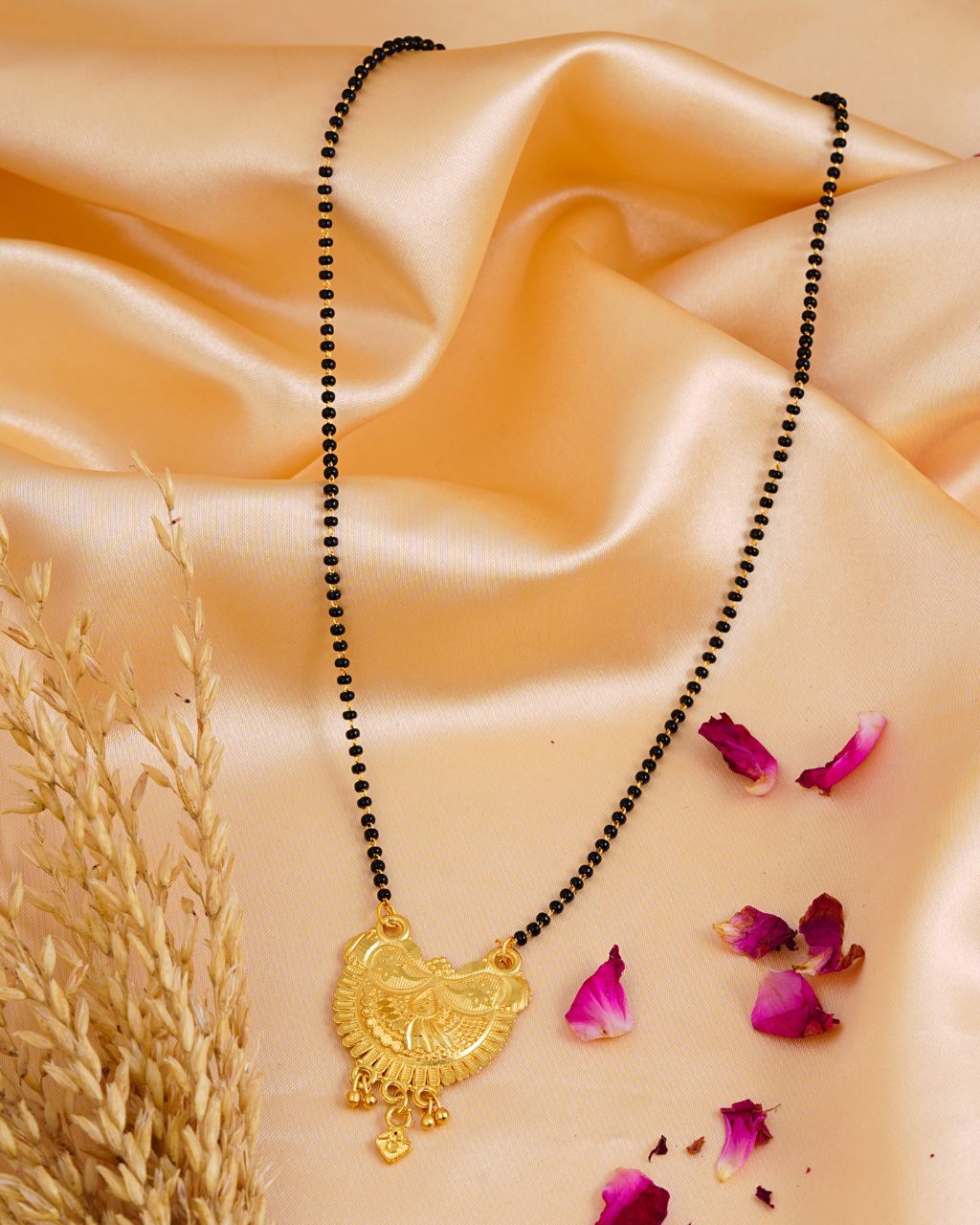 Traditional Gold-Plated Temple Pendant Mangalsutra with Black Bead Chain