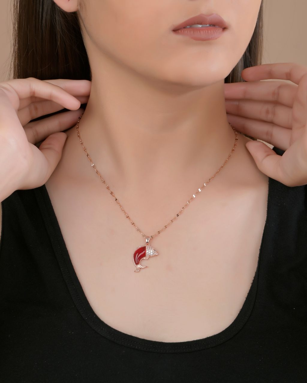 Rose Gold Dolphin Pendant Necklace with Red Enamel & Crystal Accents