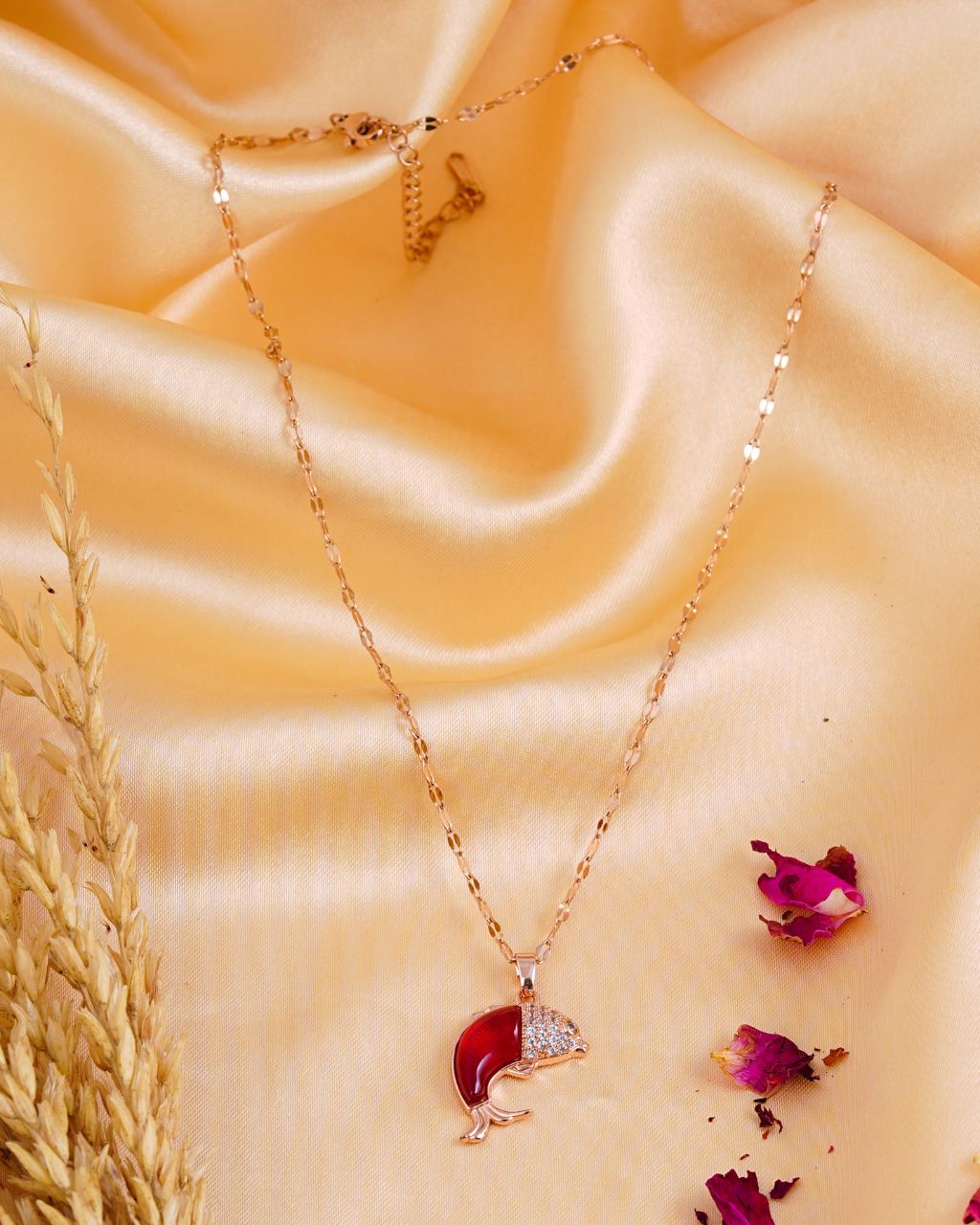 Rose Gold Dolphin Pendant Necklace with Red Enamel & Crystal Accents