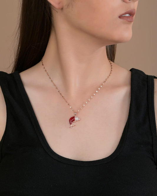 Rose Gold Dolphin Pendant Necklace with Red Enamel & Crystal Accents