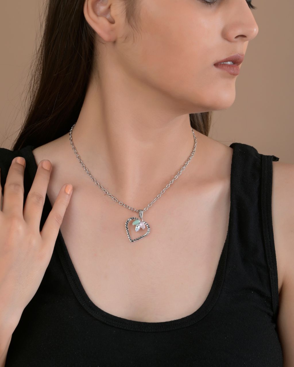 Silver Textured Heart Pendant Necklace with Leaf Accent