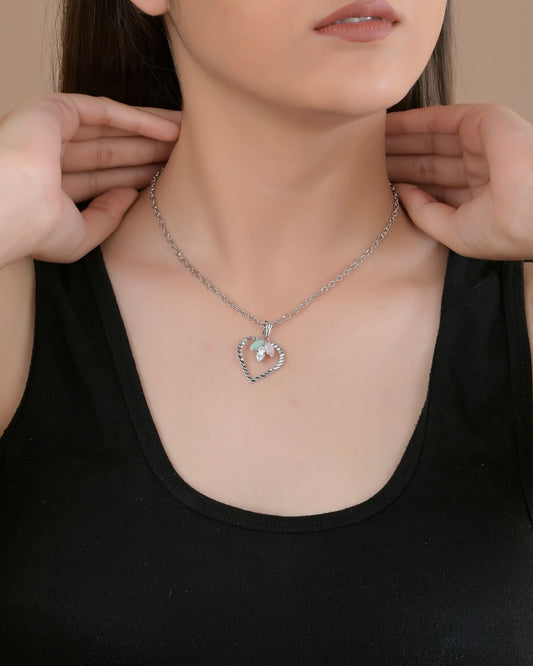 Silver Textured Heart Pendant Necklace with Leaf Accent