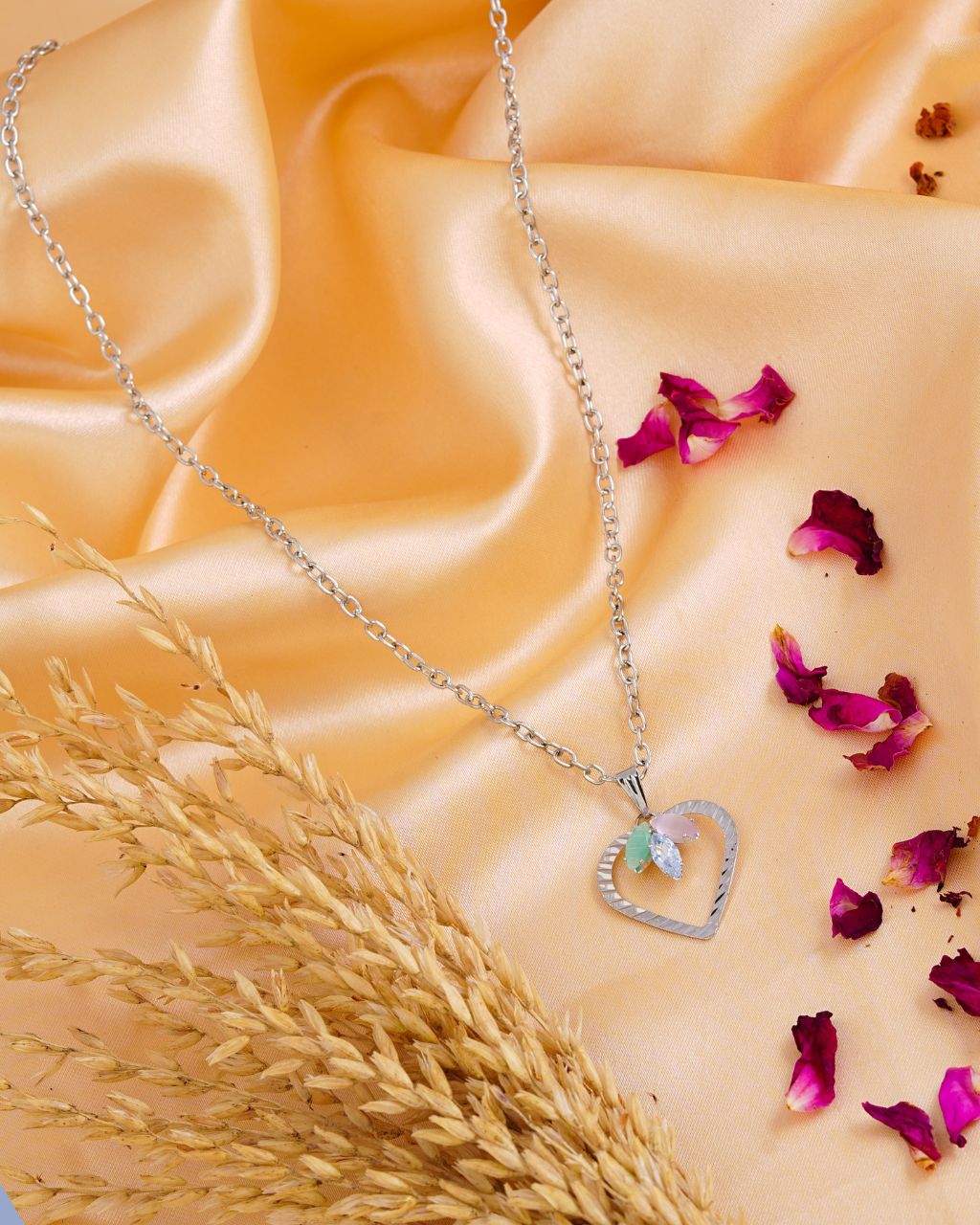 Silver Textured Heart Pendant Necklace with Leaf Accent
