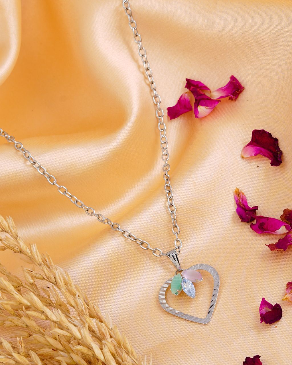 Silver Textured Heart Pendant Necklace with Leaf Accent