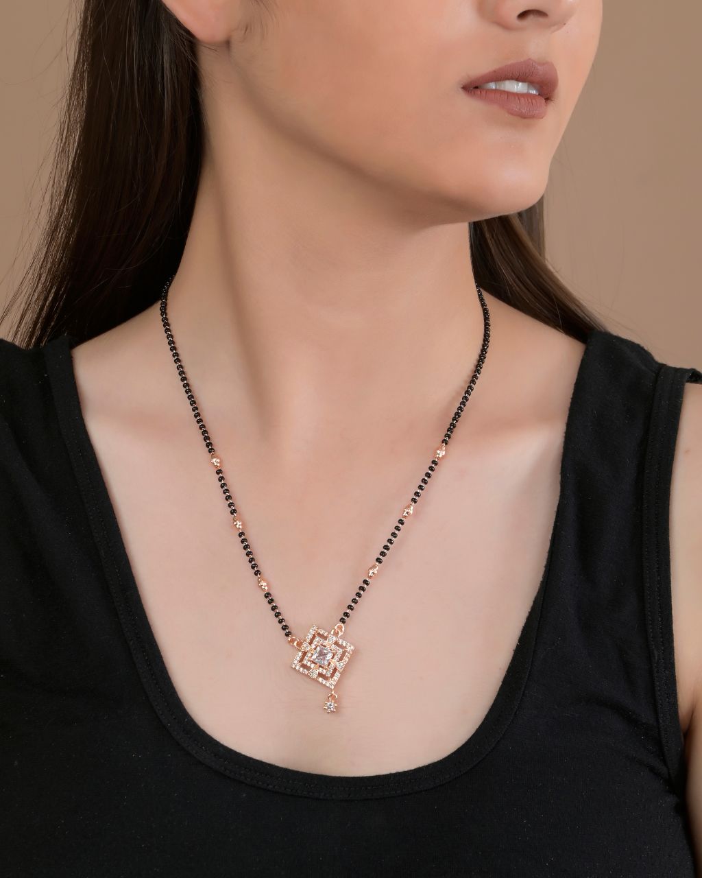 Rose Gold Geometric Mangalsutra with Square CZ Pendant