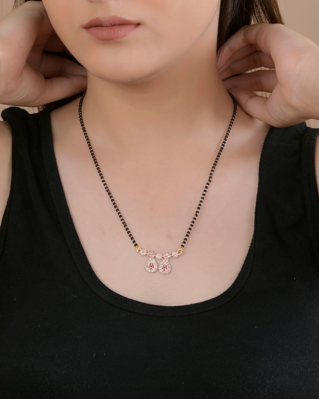 Rose Gold Teardrop Mangalsutra with Crystal Accents – Rahika Trends