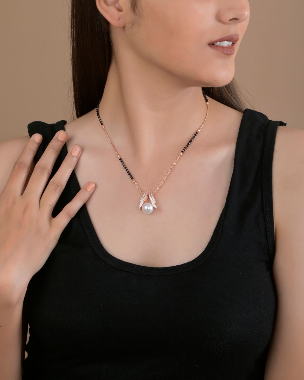 Rose Gold Pearl Drop Mangalsutra with Diamond Accents