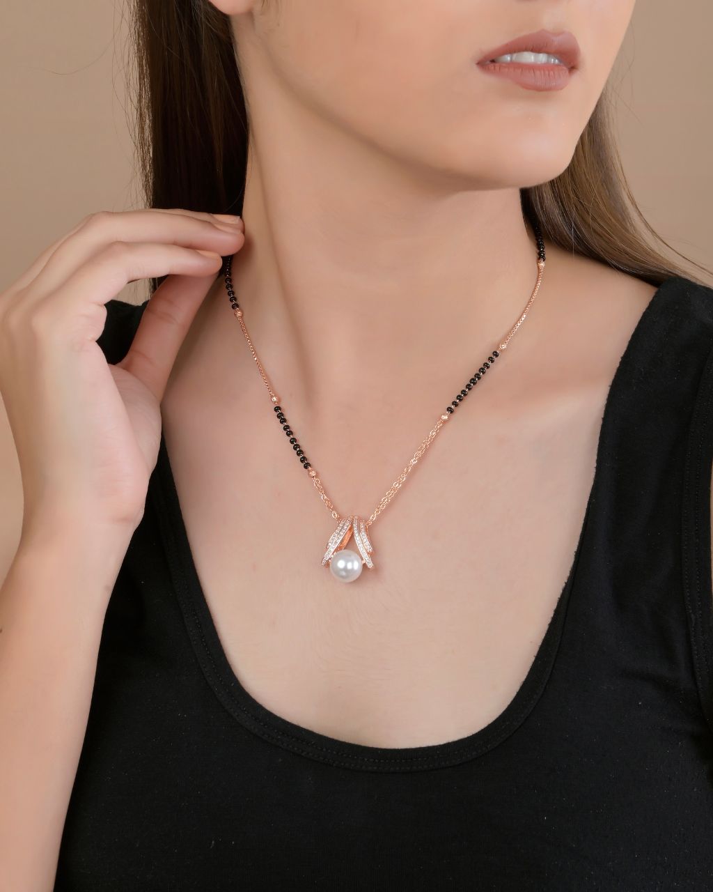 Rose Gold Pearl Drop Mangalsutra with Diamond Accents