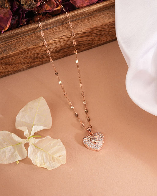 Rose Gold Heart Pendant Necklace with CZ Stones