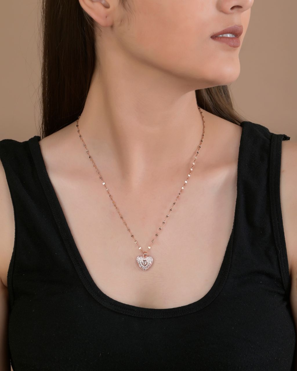 Rose Gold Heart Pendant Necklace with CZ Stones