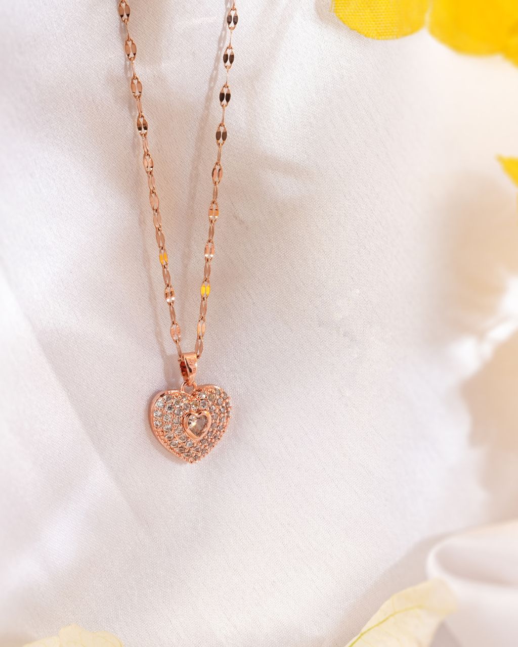 Rose Gold Heart Pendant Necklace with CZ Stones