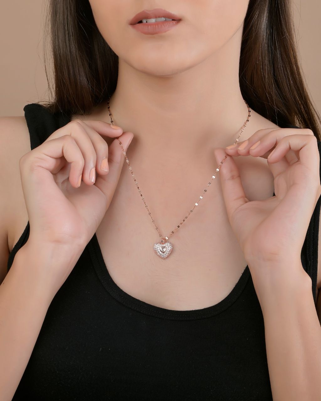 Rose Gold Heart Pendant Necklace with CZ Stones