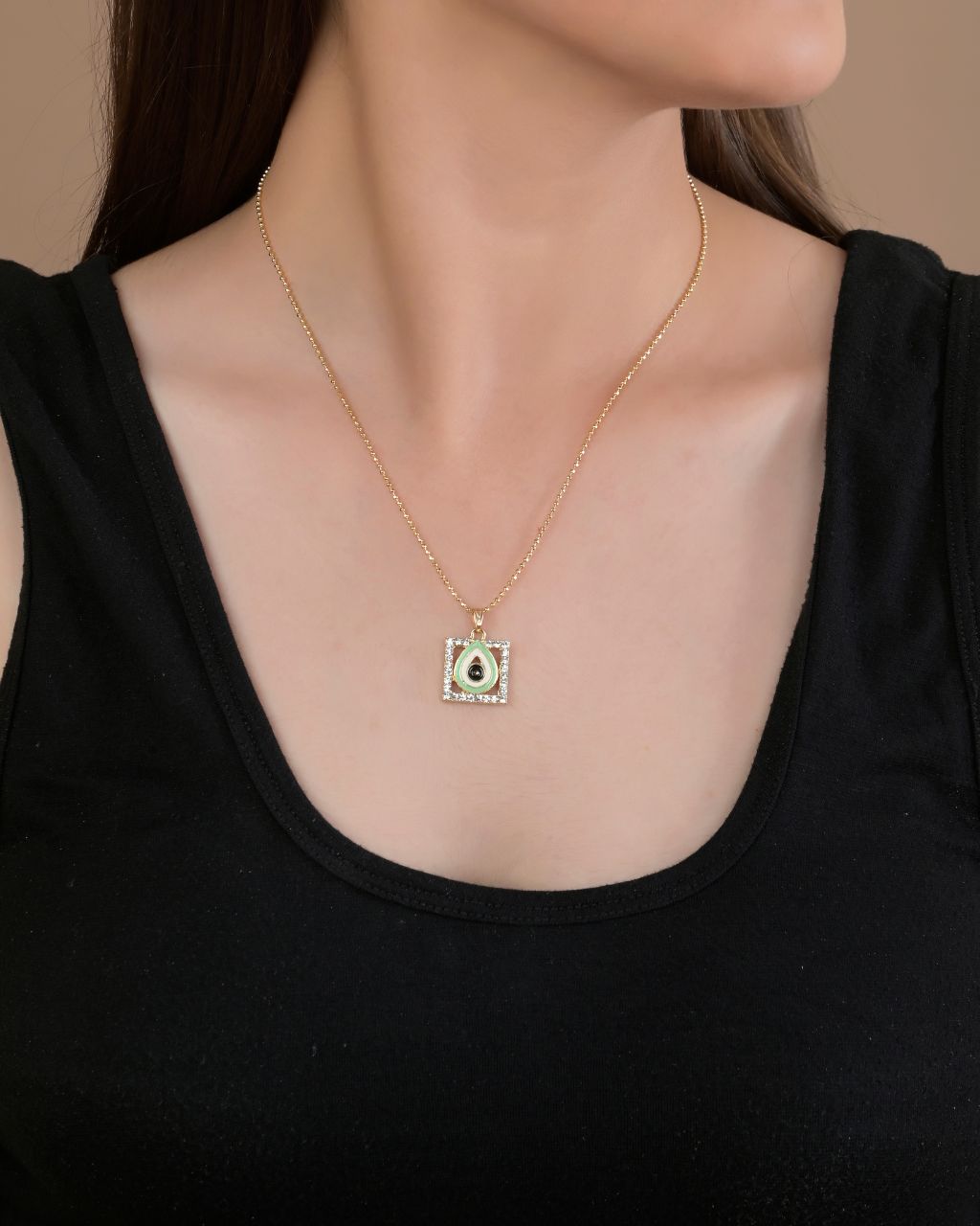 Gold-Toned Square Pendant Necklace with Teardrop Center