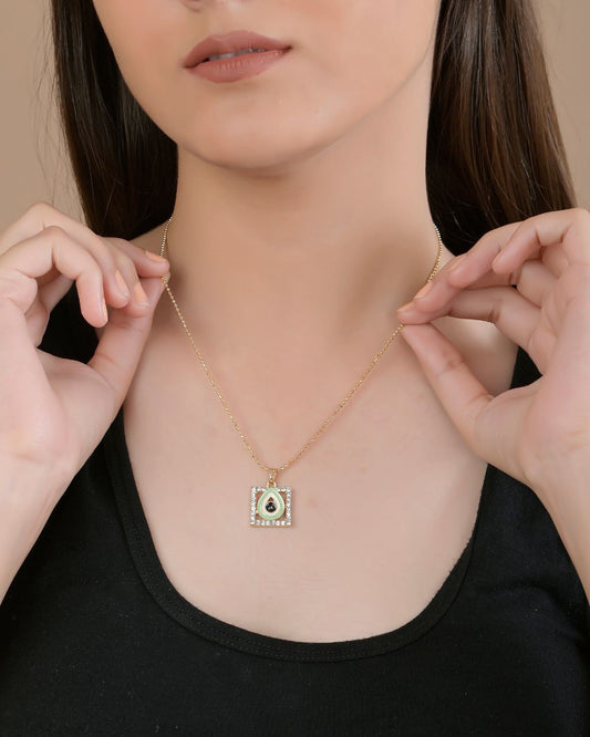 Gold-Toned Square Pendant Necklace with Teardrop Center