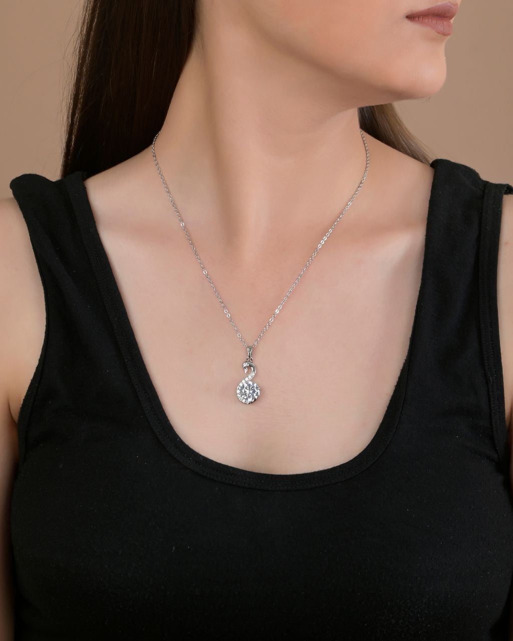 Silver Swan Pendant Necklace with Sparkling CZ Drop