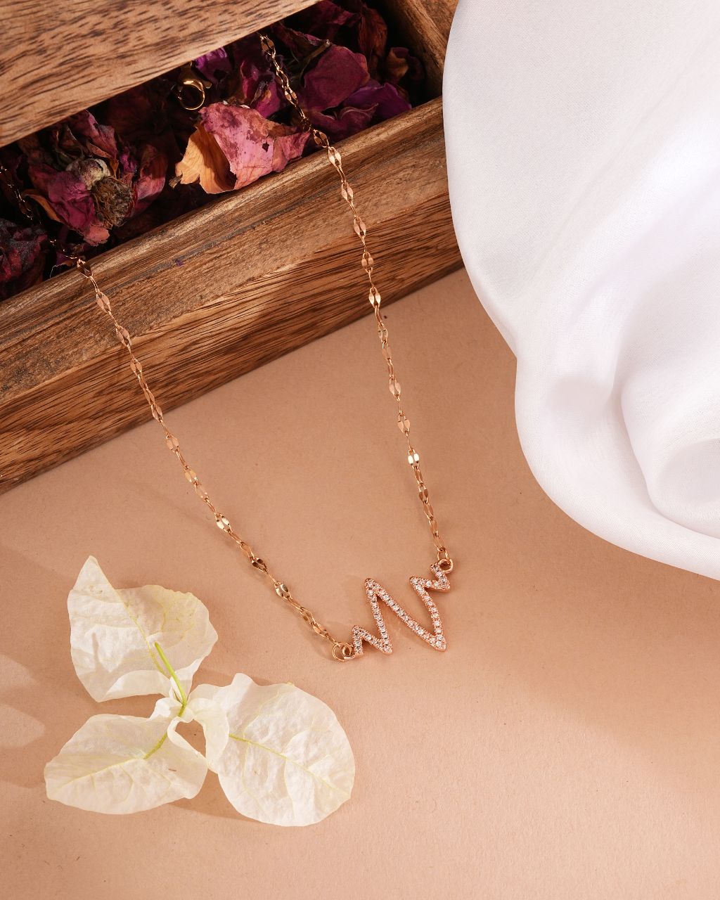 Rose Gold Heartbeat Pendant Necklace with CZ Accents