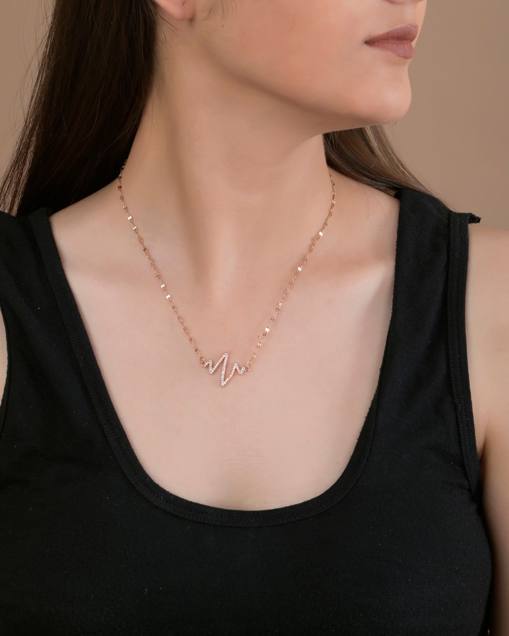 Rose Gold Heartbeat Pendant Necklace with CZ Accents