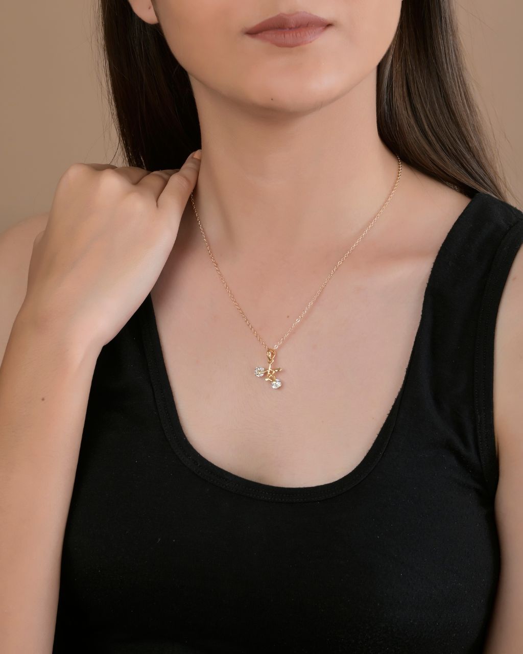 Gold-Plated Leaf & Crystal Drop Pendant Necklace
