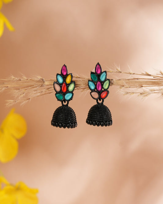 Bold Bloom Black Jhumka Earrings with Multicolor Leaf Stones