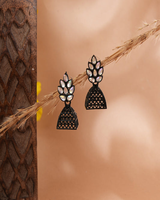 Black Glossy Jhumka Earrings with Iridescent Leaf Stones