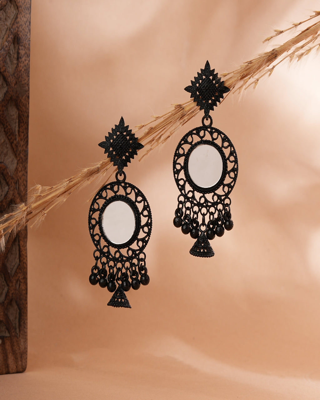 Boho Black Mirror Drop Earrings with Dangling Beads
