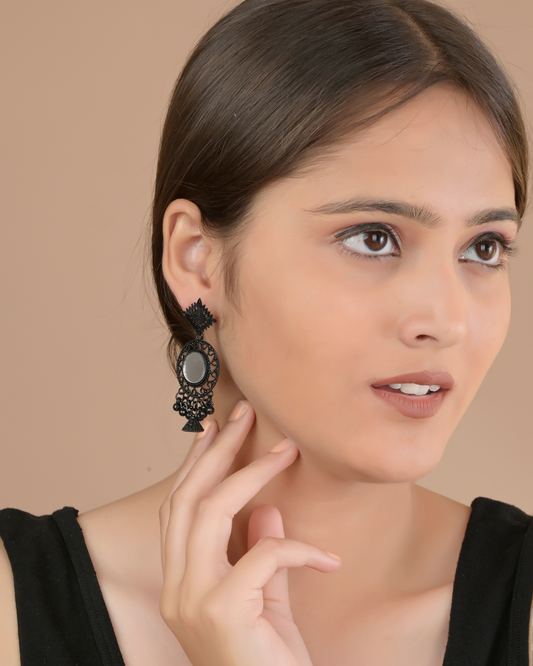 Boho Black Mirror Drop Earrings with Dangling Beads