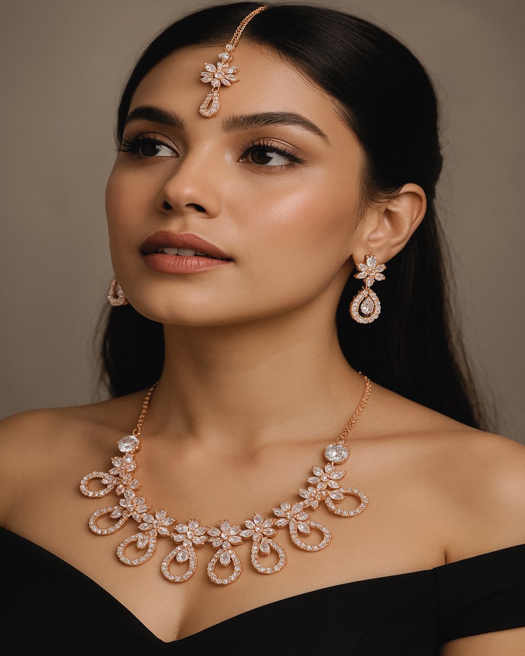 White Crystal Floral Necklace Set with Earrings & Maang Tikka