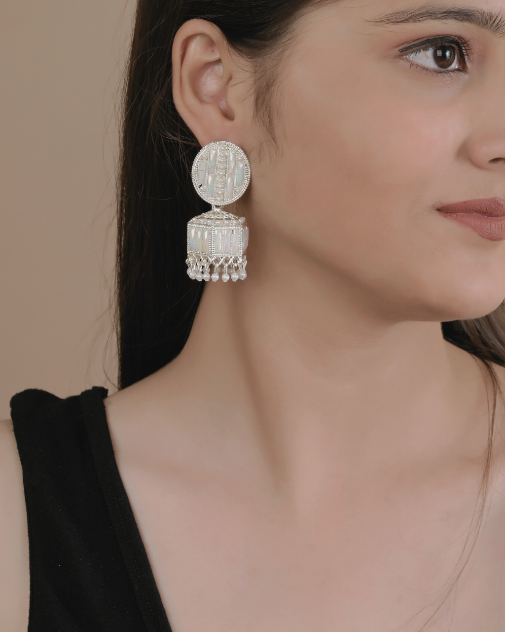 White Mirror Pearl Dome Jhumka Earrings