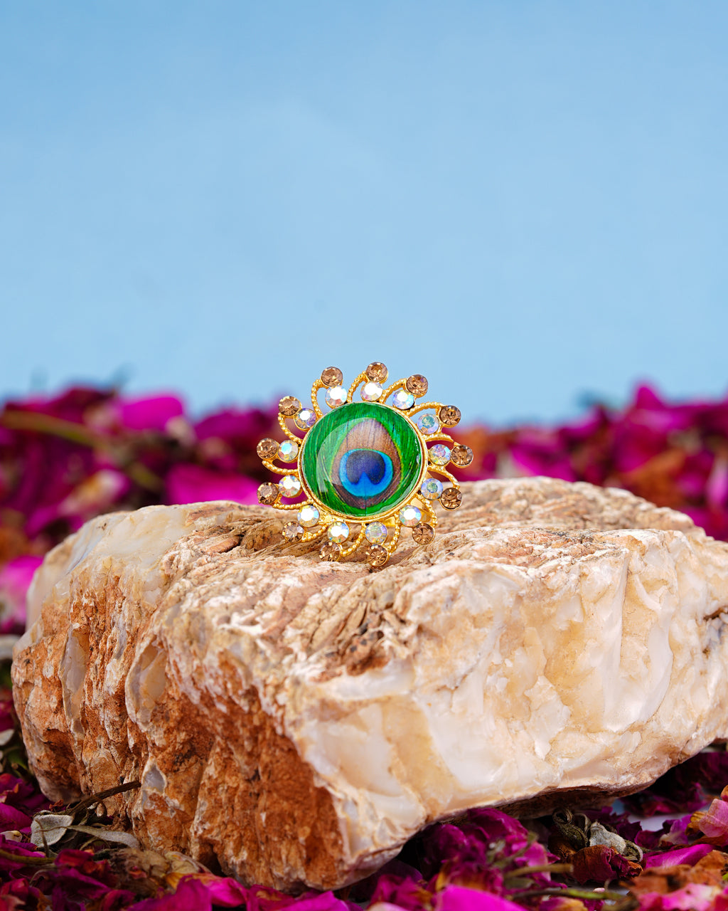 Peacock Feather Statement Adjustable Ring for Women