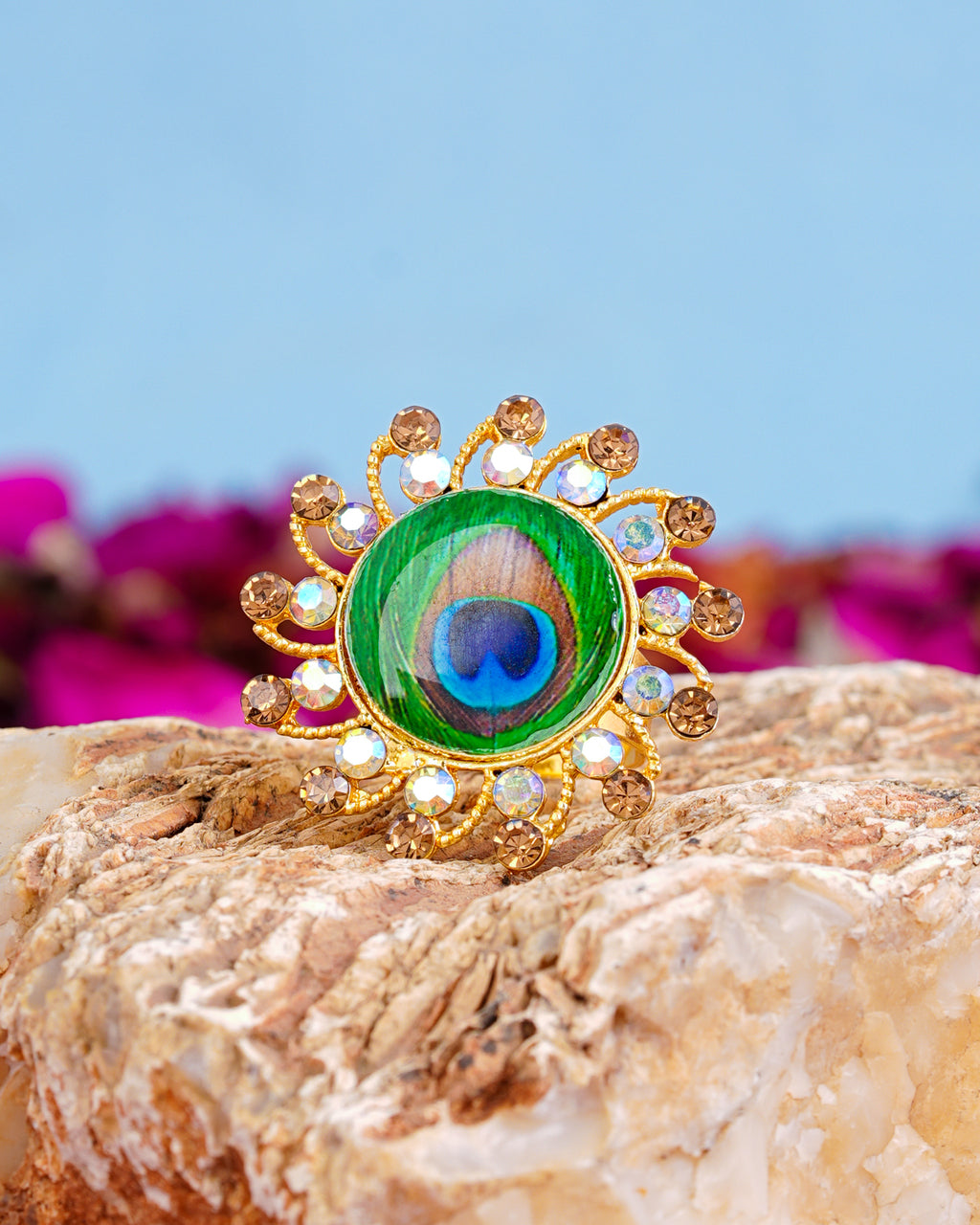 Peacock Feather Statement Adjustable Ring for Women