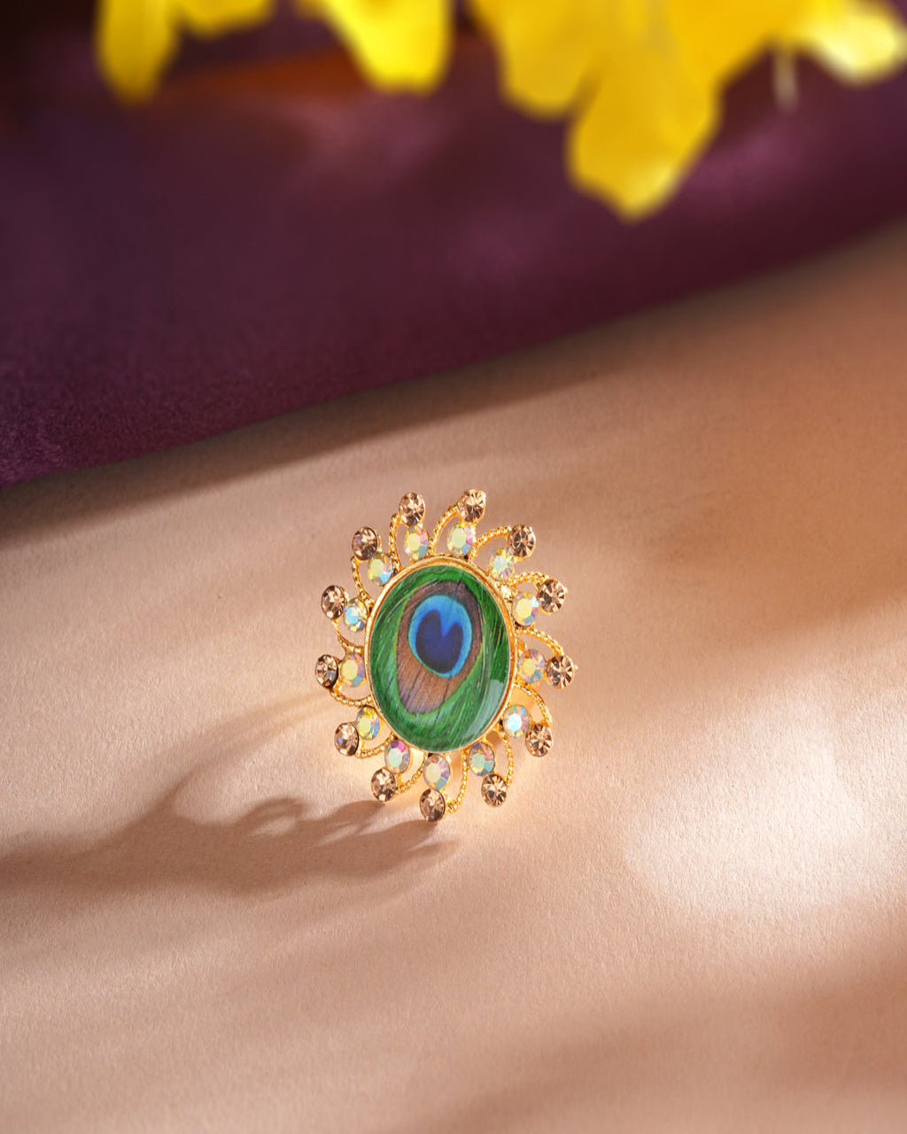 Peacock Feather Statement Adjustable Ring for Women