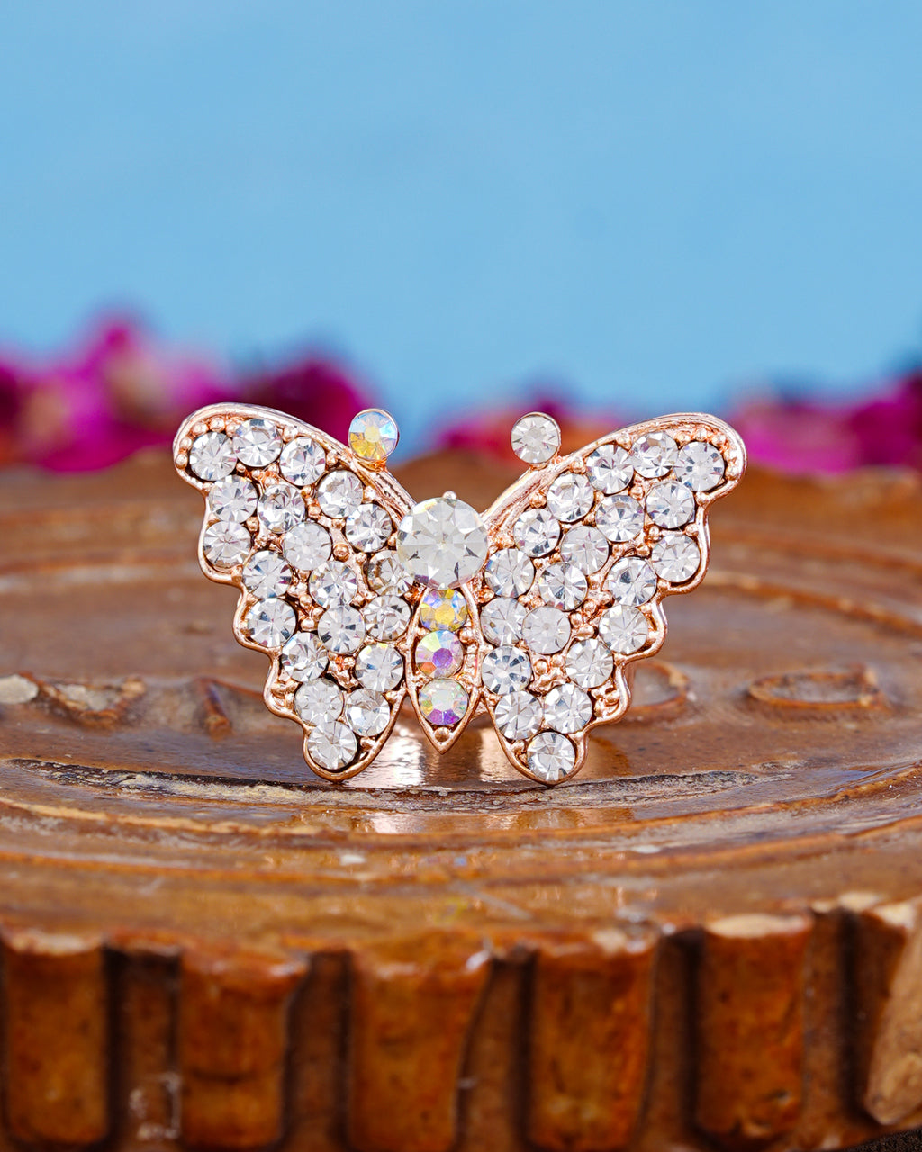 Rose Gold Butterfly Crystal Adjustable Ring
